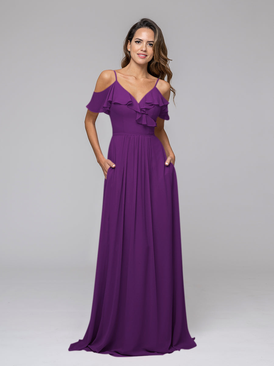 Cold Shoulder Open Back Chiffon Ruffles Long Bridesmaid Dresses