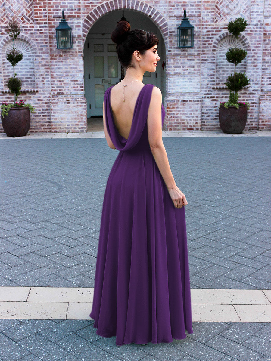 Cowl Neck Chiffon A Line Bridesmaid Dresses With Draped Back