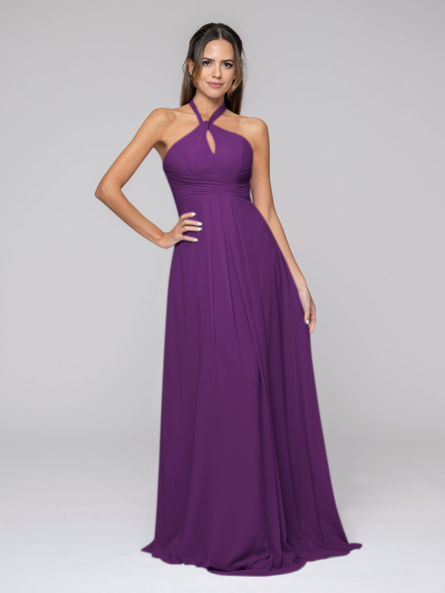 Tie-neck Halter Sleeveless Wedding Bridesmaid Dresses With Ruched Waist