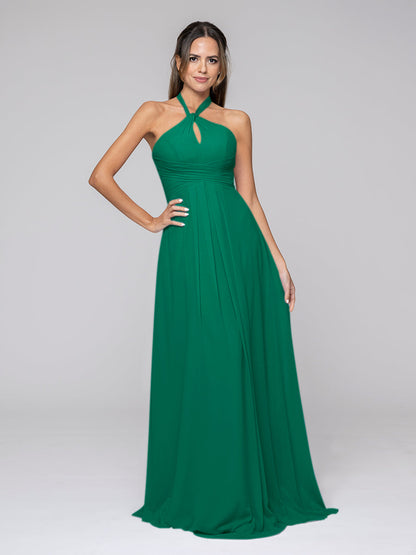 Tie-neck Halter Sleeveless Wedding Bridesmaid Dresses With Ruched Waist