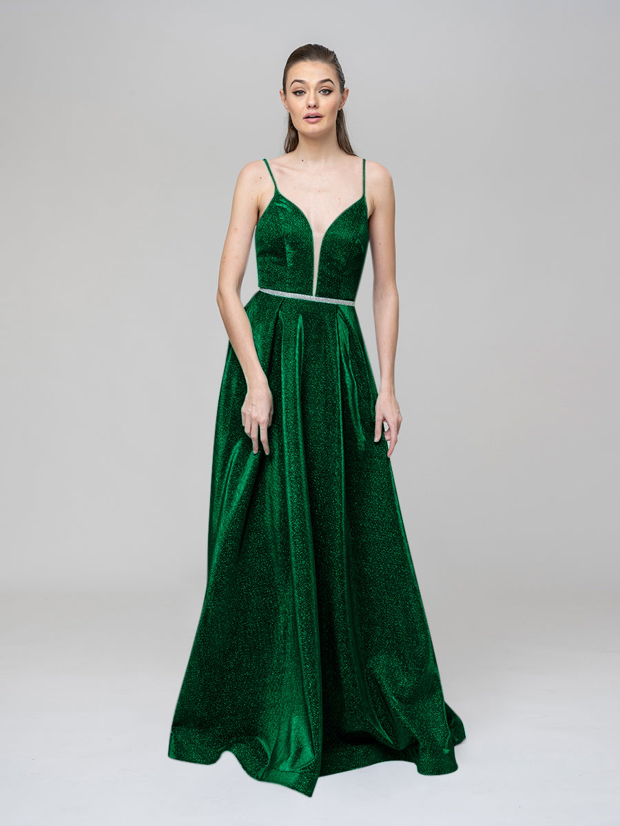 Plunging V Neck Criss Cross Back A Line Prom Dresses