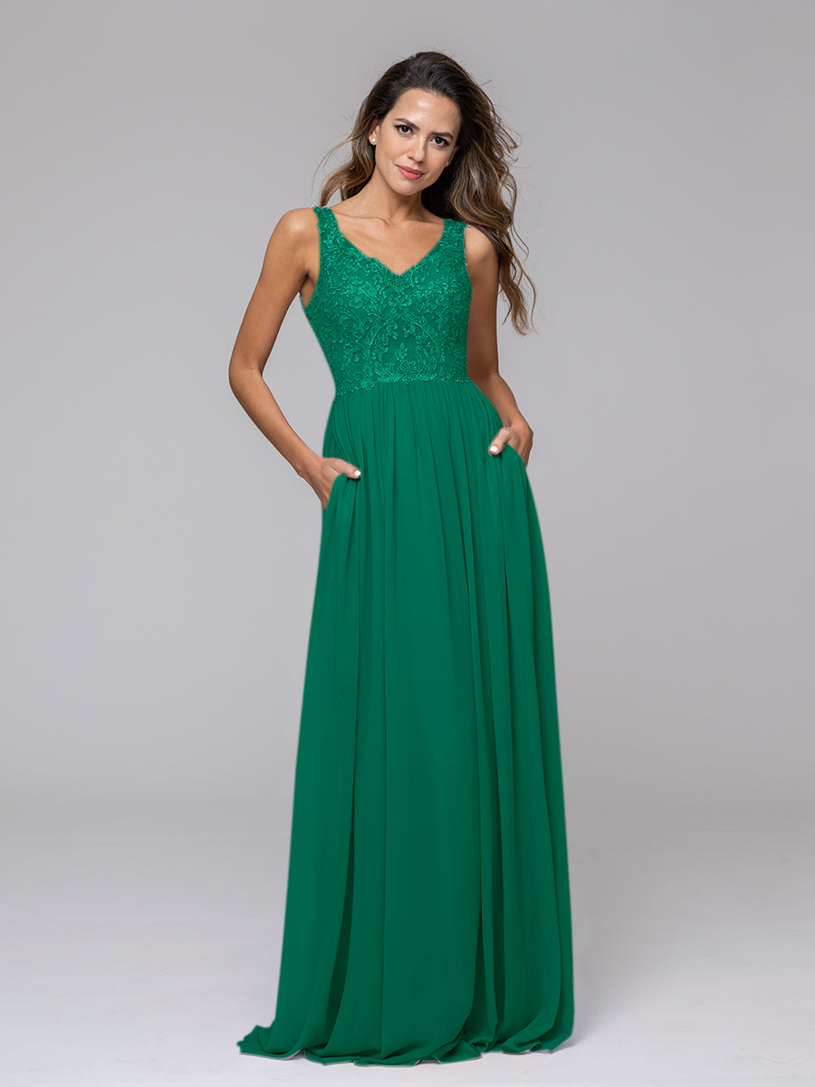 Applique V Neck Keyhole Back A Line Bridesmaid Dresses