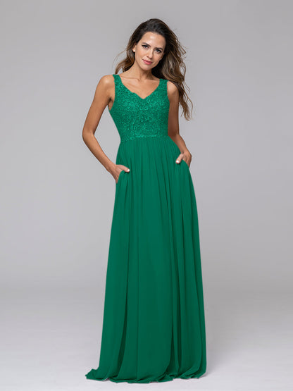 Applique V Neck Keyhole Back A Line Bridesmaid Dresses