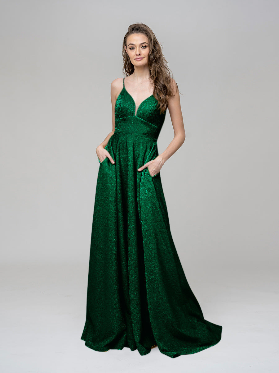Metallic Glitter V Neck A Line Prom Dresses With Pockets