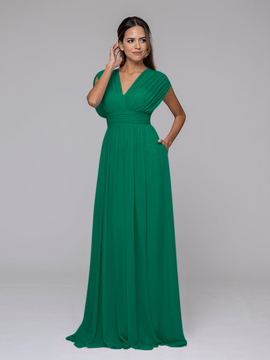 Chiffon V Neck Cap Sleeve Floor Length Bridesmaid Dresses