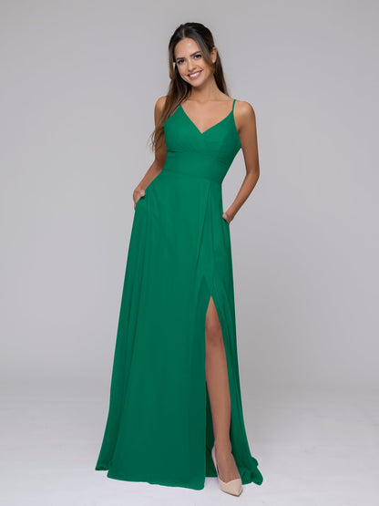 V Neck Spaghetti Strap Chiffon Bridesmaid Dresses With Slit