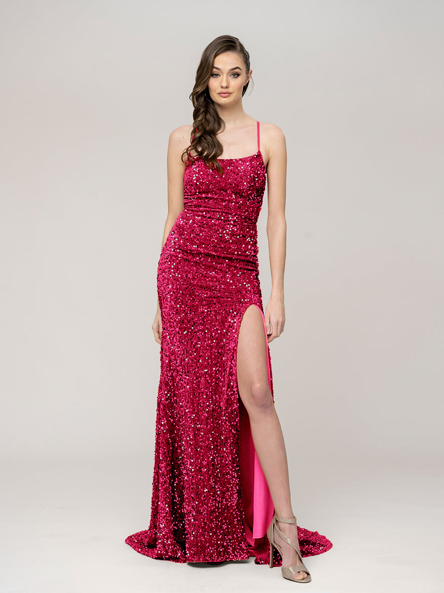 Floor Length Sequin Criss Cross Back Fitted Prom Dresses