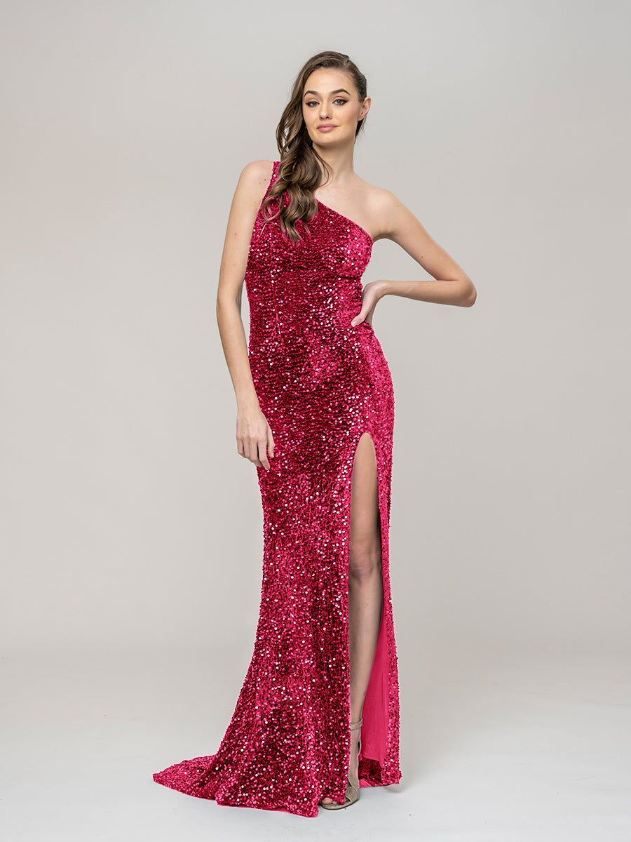 All Over Sequin One Shoulder Fitted Long Prom Dresses