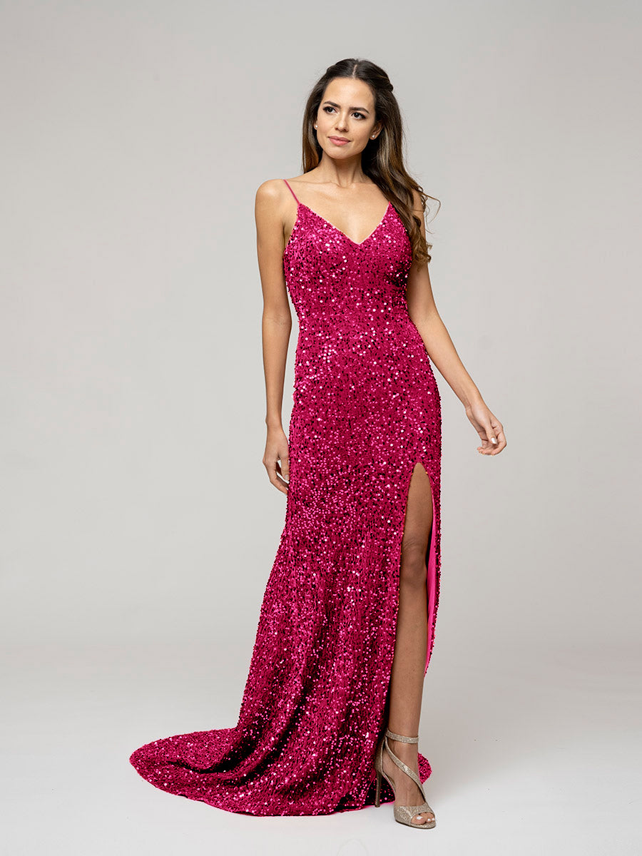 Sweep Train Side Slit Formal Party Prom Gown With Sequin