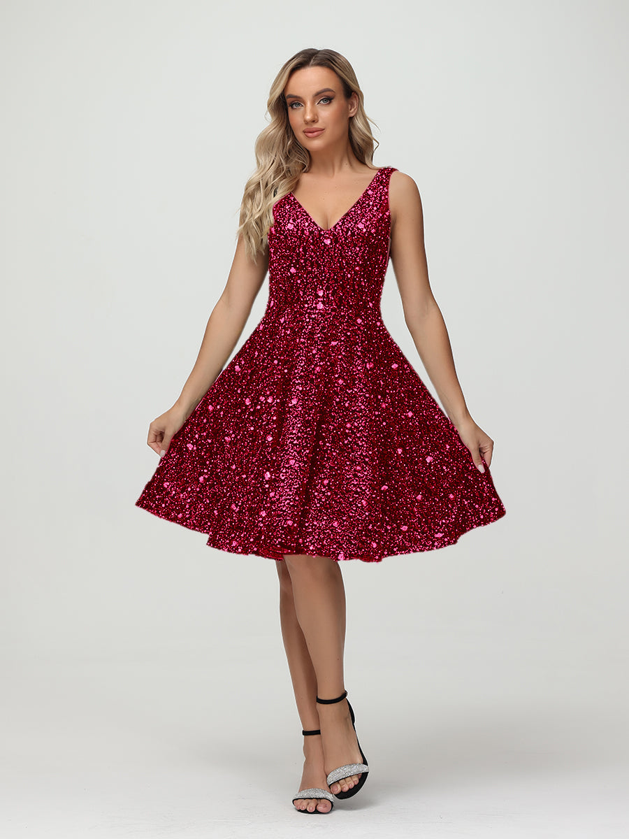 Straps V Neck Velvet Sequin A Line Homecoming Dresses