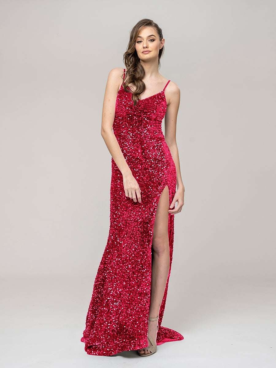 V Neck Sequin Fitted Prom Dress With Sweep Train