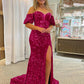 Sheath Off the Shoulder Short Sleeves Long Velvet Sequin Prom Dress