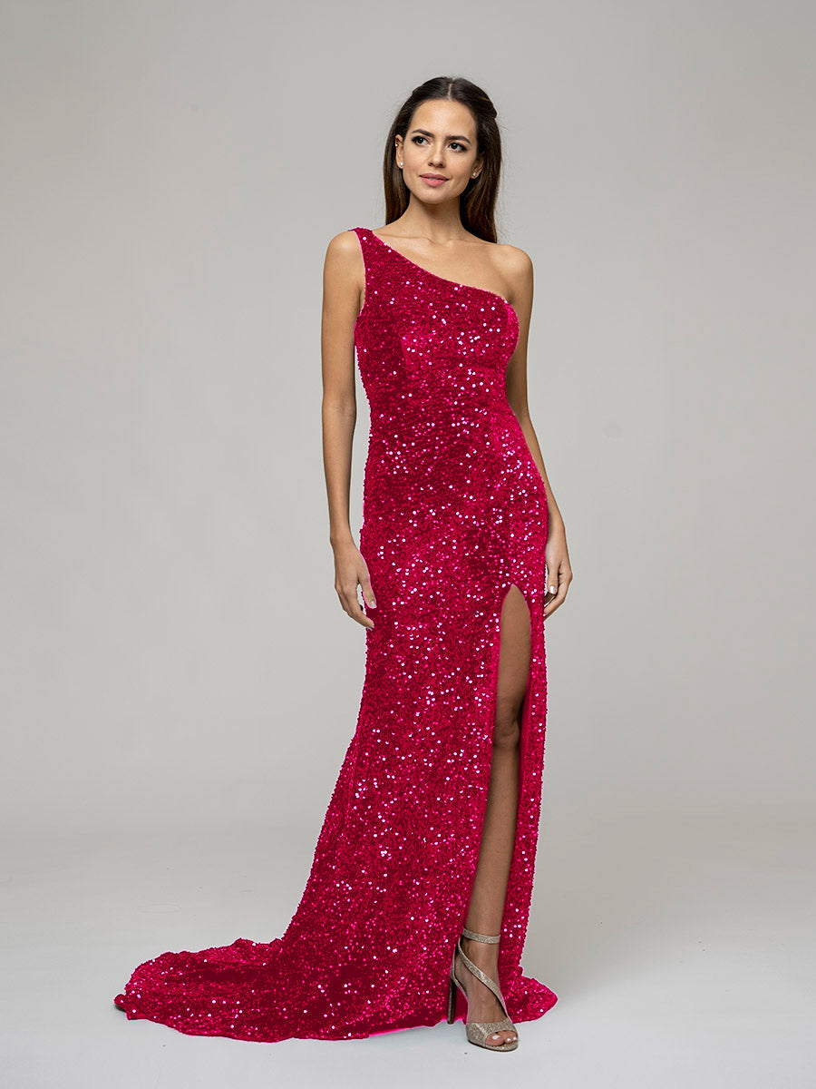 Open Back Sparkly Sequin Fitted Prom Dresses With Split