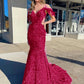 Sheath Cold Shoulder Sleeveless Long Velvet Sequin Prom Dress