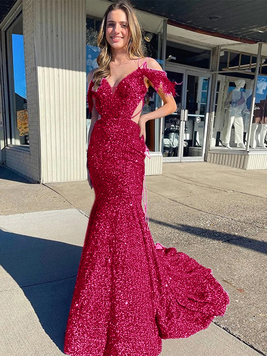 Sheath Cold Shoulder Sleeveless Long Velvet Sequin Prom Dress