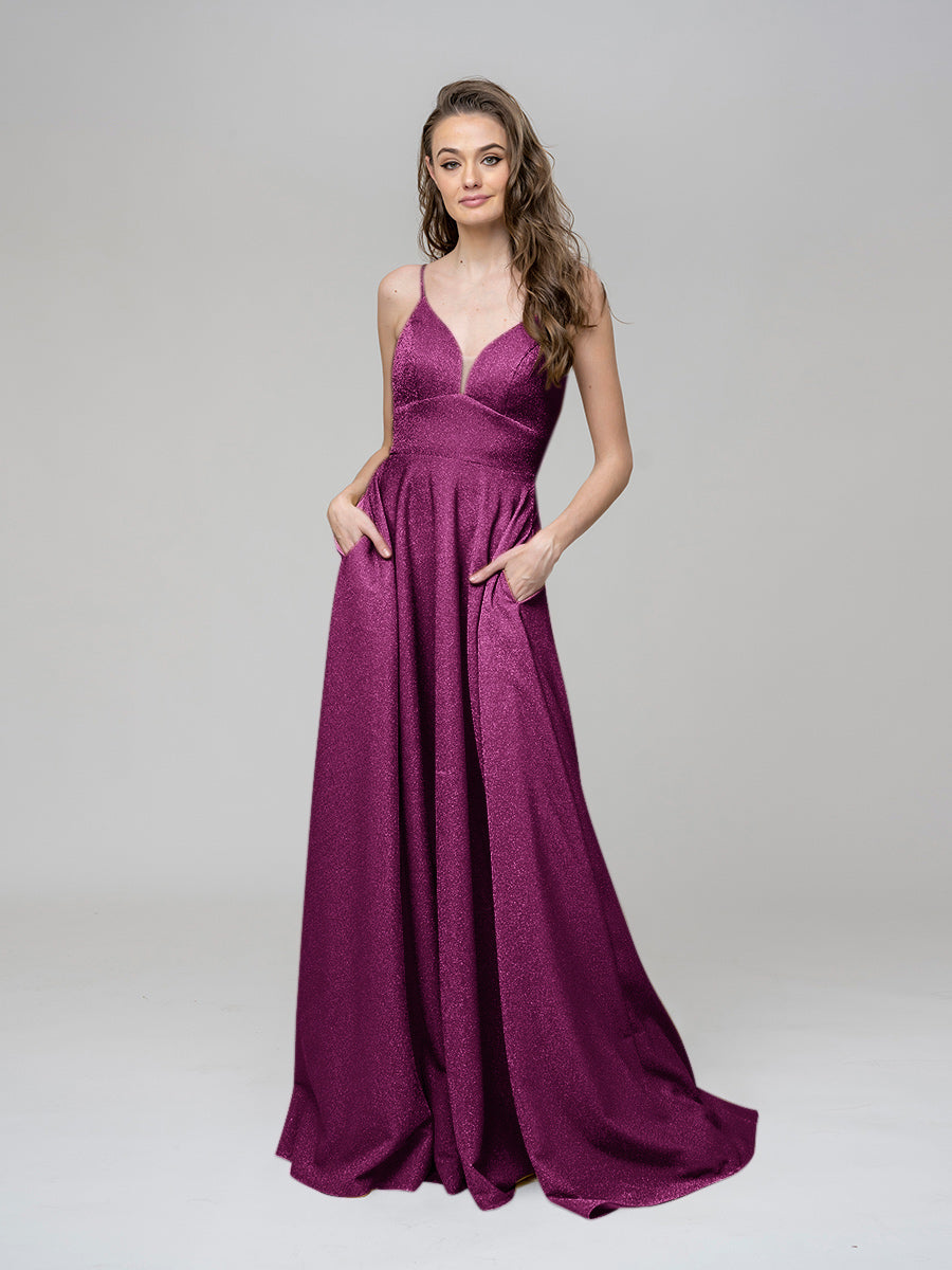Metallic Glitter V Neck A Line Prom Dresses With Pockets