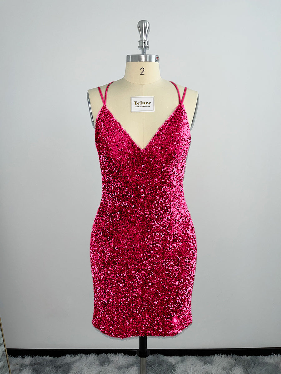 Velvet Sequin V Neck Tight Homecoming Dresses With Criss Corss Back