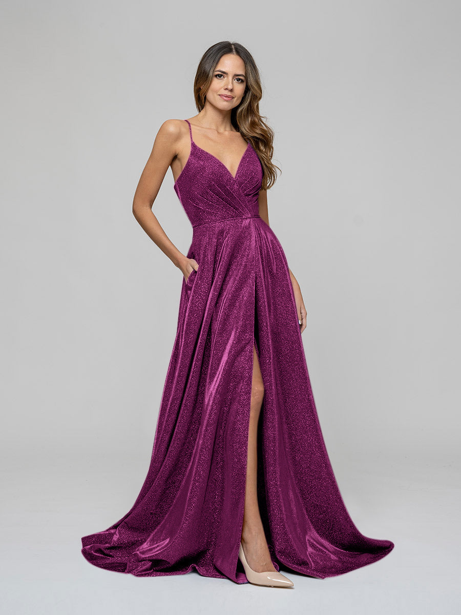 Plunging V Neck Ruched A Line Prom Dresses