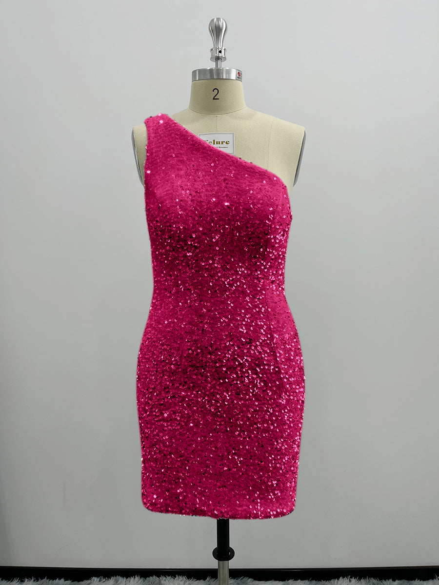 Shiny One Shoulder Velvet Sequin Sheath Homecoming Dresses