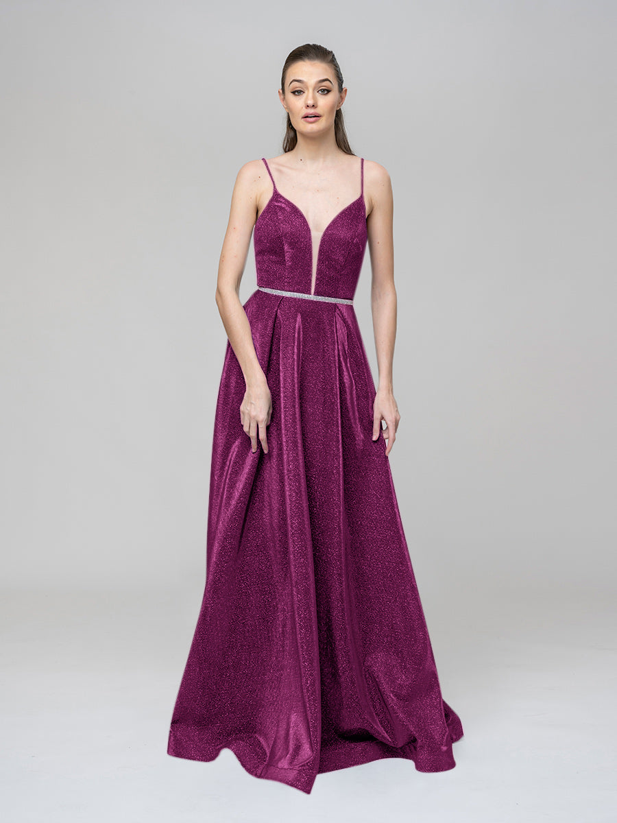 Plunging V Neck Criss Cross Back A Line Prom Dresses