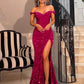 Sheath Off the Shoulder Short Sleeves Sweep Train Velvet Sequin Prom Dress