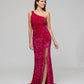 Hot Pink Side Split One Shoulder Fitted Prom Gown