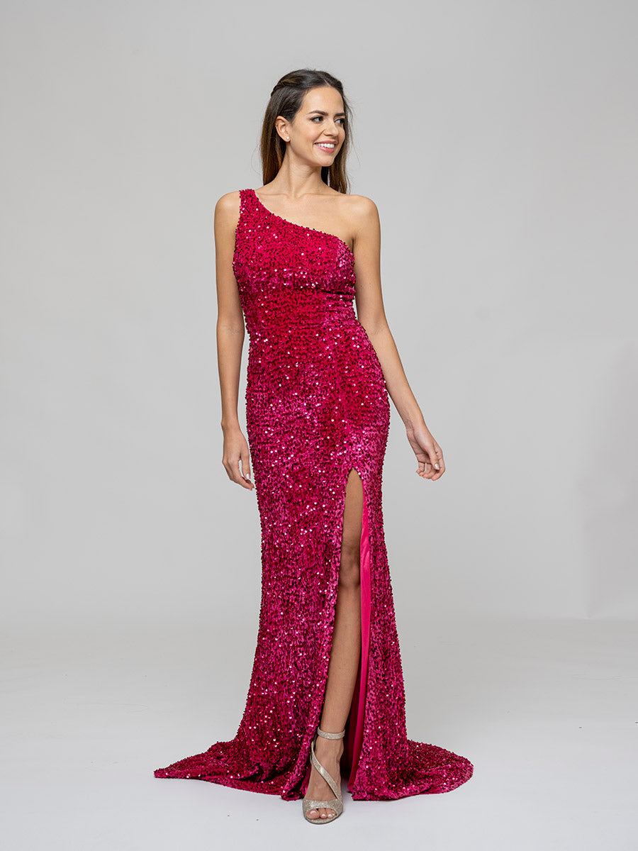 Hot Pink Side Split One Shoulder Fitted Prom Gown