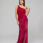 Hot Pink Side Split One Shoulder Fitted Prom Gown