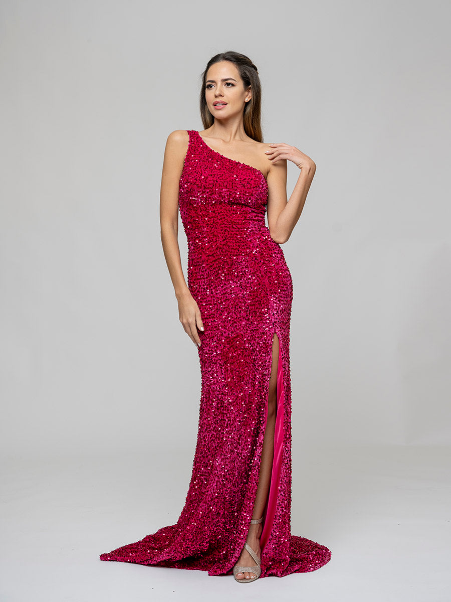 Hot Pink Side Split One Shoulder Fitted Prom Gown