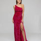 Hot Pink Side Split One Shoulder Fitted Prom Gown