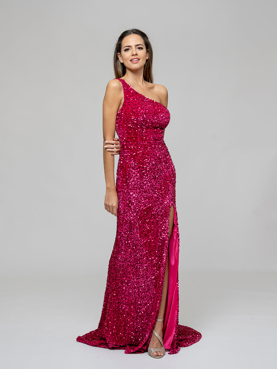 Hot Pink Side Split One Shoulder Fitted Prom Gown