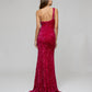 Hot Pink Side Split One Shoulder Fitted Prom Gown
