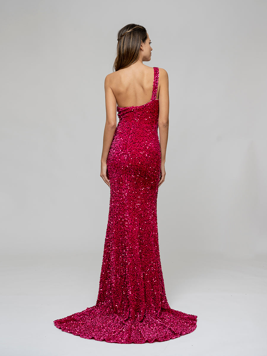 Hot Pink Side Split One Shoulder Fitted Prom Gown