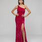 Hot Pink Side Split One Shoulder Fitted Prom Gown