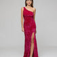 Hot Pink Side Split One Shoulder Fitted Prom Gown