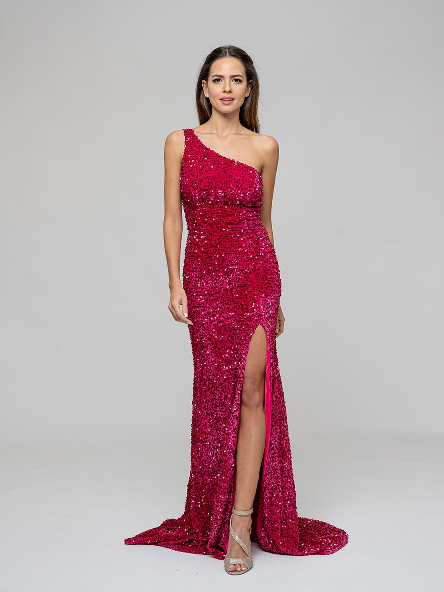 Hot Pink Side Split One Shoulder Fitted Prom Gown