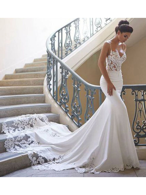 Sexy Spaghetti Strap Applique Mermaid Wedding Dresses