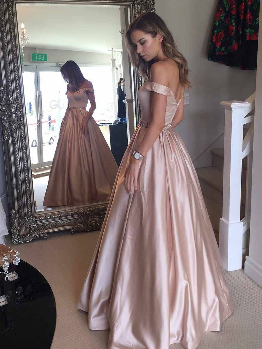 Off The Shoulder Satin A Line Prom Dresses With Pocket
