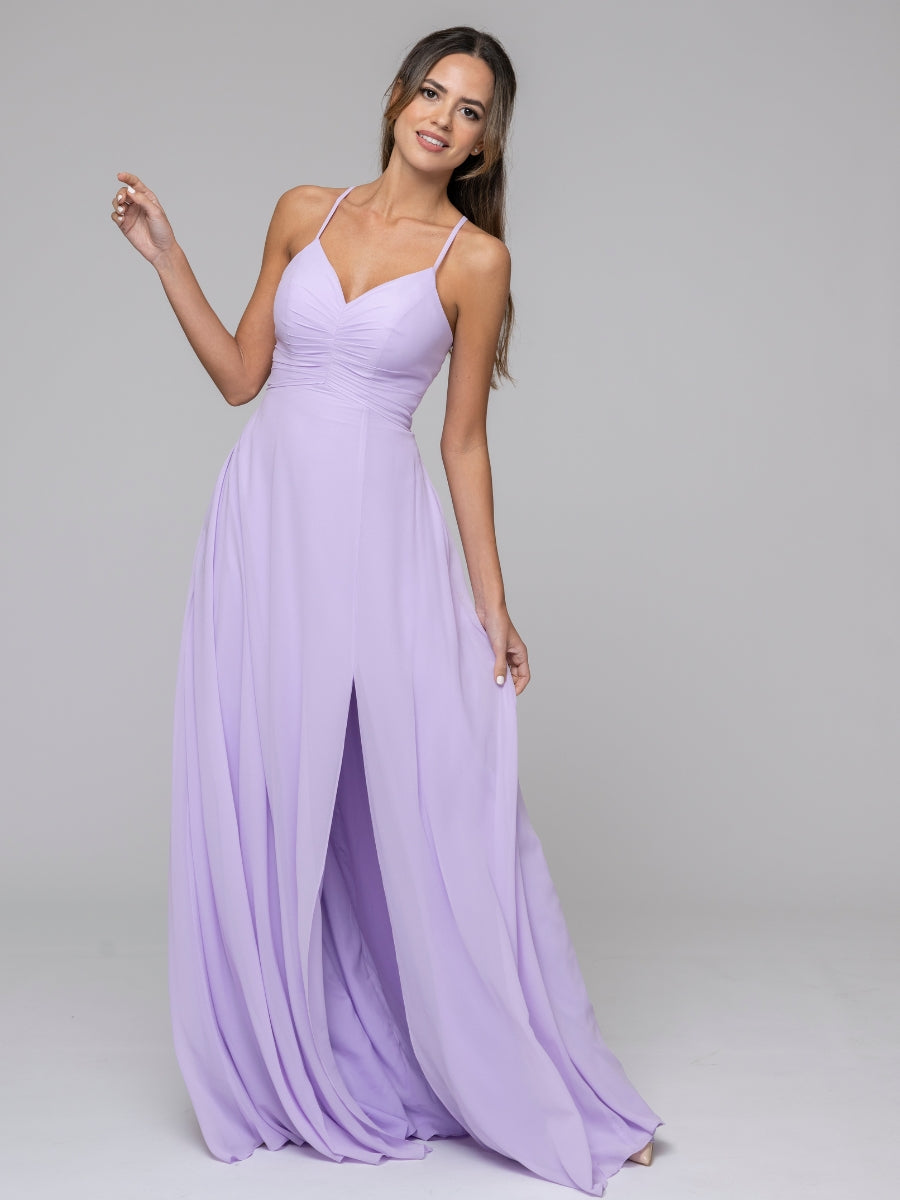 Lilac Split Sweetheart Chiffon Long Bridesmaid Dresses With Crisscross Back