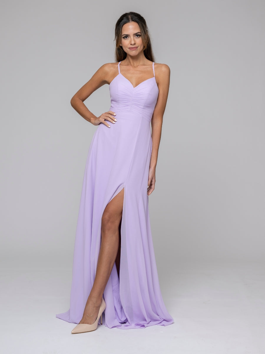 Lilac Split Sweetheart Chiffon Long Bridesmaid Dresses With Crisscross Back