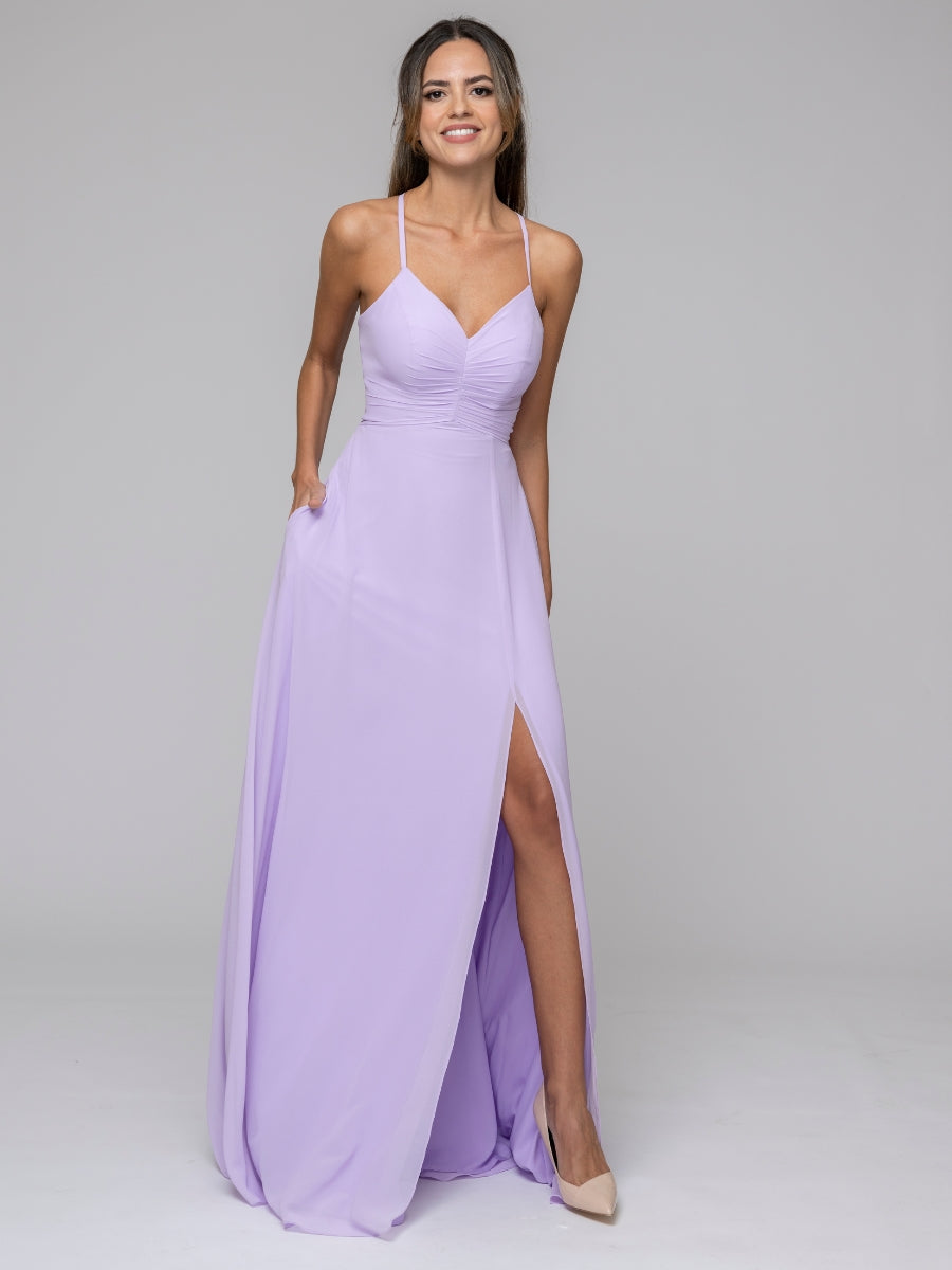 Lilac Split Sweetheart Chiffon Long Bridesmaid Dresses With Crisscross Back