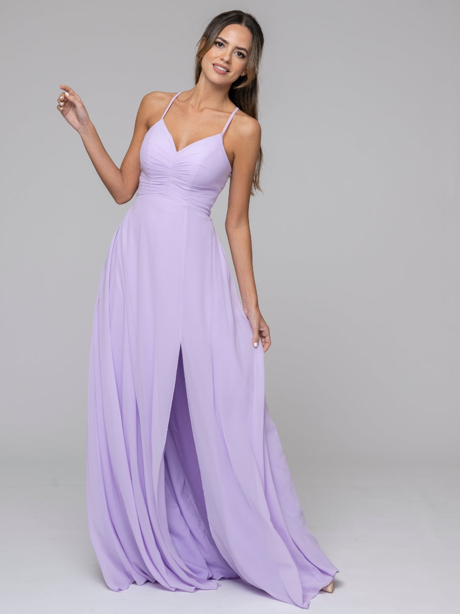 Lilac Split Sweetheart Chiffon Long Bridesmaid Dresses With Crisscross Back