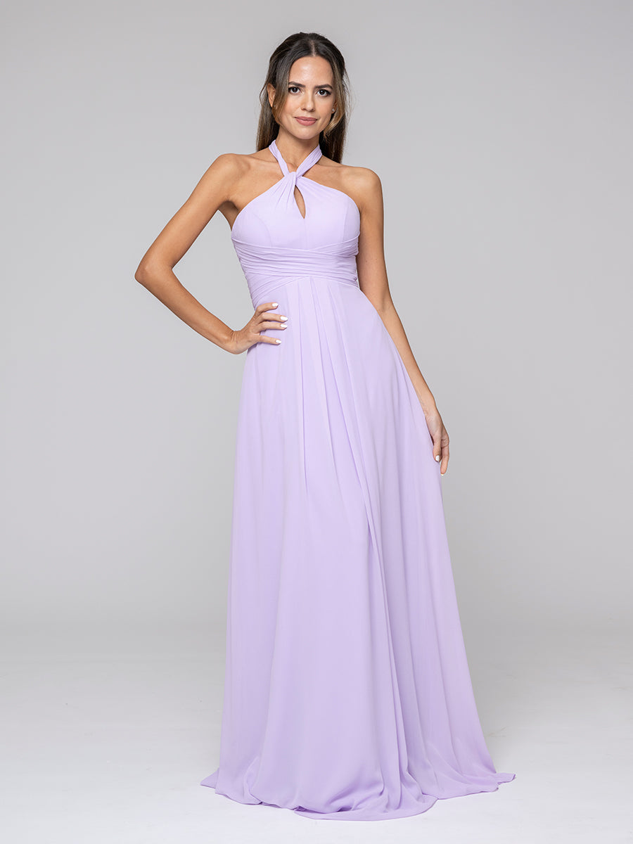 Lilac Tie-neck Halter Sleeveless Wedding Bridesmaid Dresses With Ruched Waist