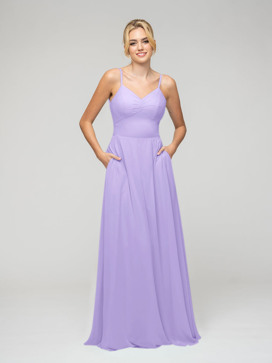 Spaghetti Strap Tie Back Long Chiffon Bridesmaid Dresses