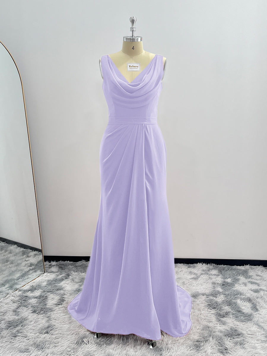 Sheath Cowl Neck Sleeveless Chiffon Bridesmaid Dresses With Slit and Ruffles