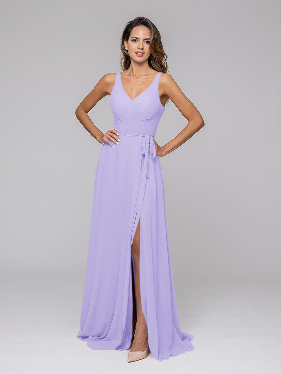 Straps Long Chiffon Bridesmaid Dresses With Side Slit