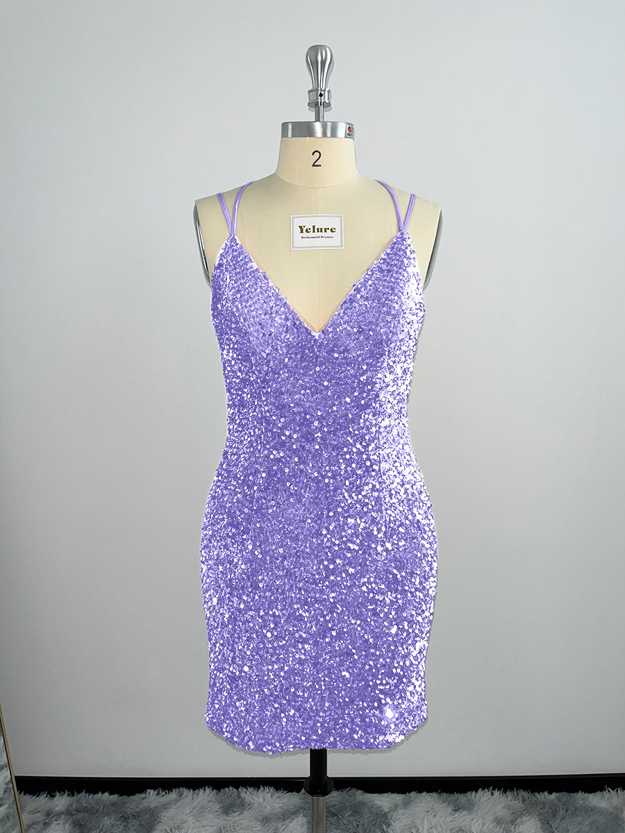 Velvet Sequin V Neck Tight Homecoming Dresses With Criss Corss Back