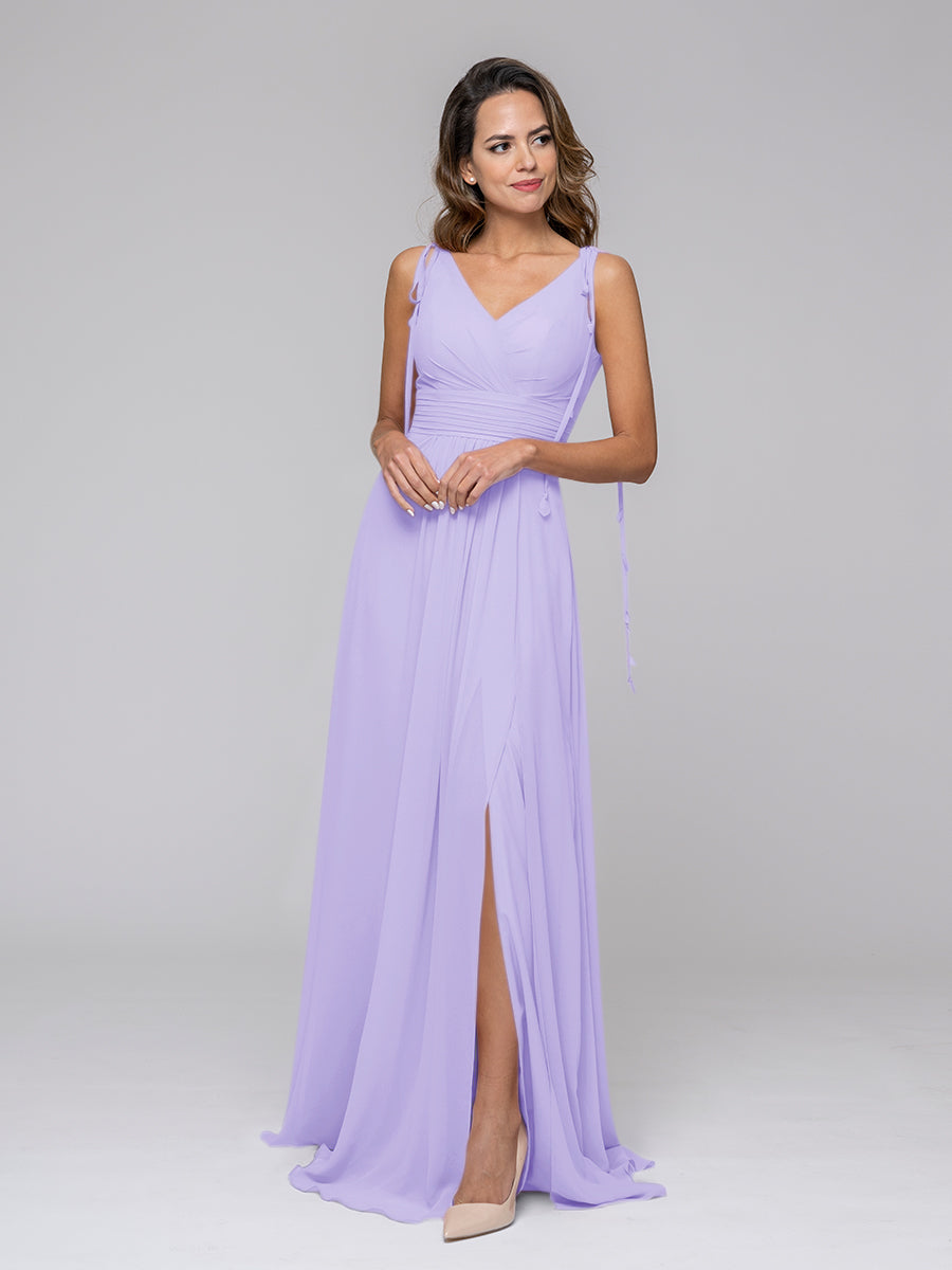 Tassel Straps V Neck Chiffon Bridesmaid Dresses With Slit Skirt