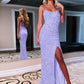 Sheath Spaghetti Straps Sleeveless Long Velvet Sequin Prom Dress