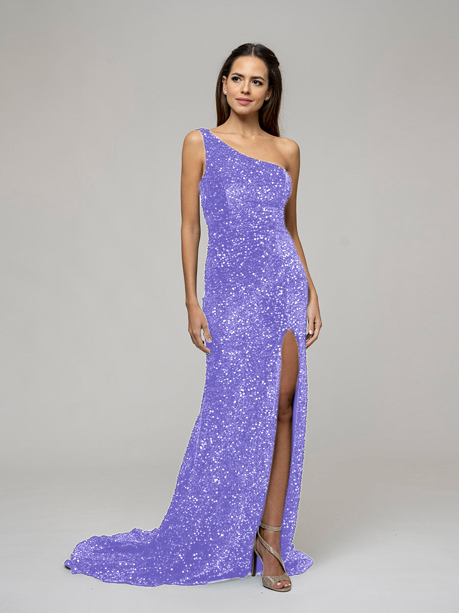 Open Back Sparkly Sequin Fitted Prom Dresses With Split